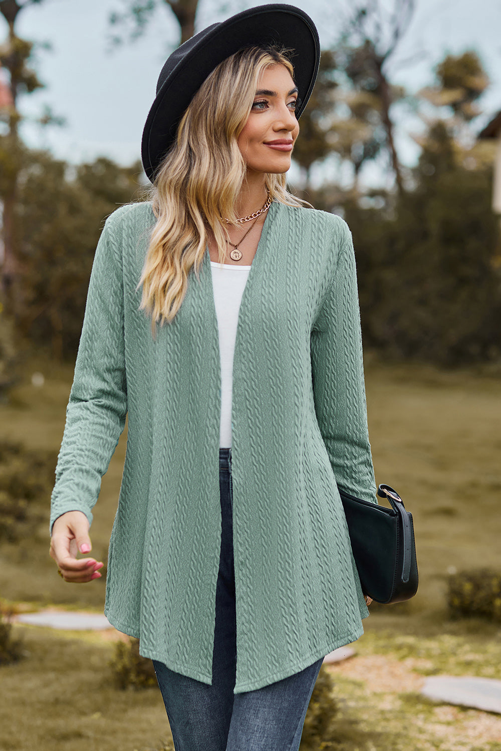 Classic Design Textured Open Front Long Sleeve Cardigan