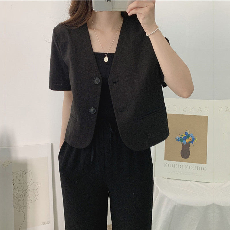 Simple Deep V-neck Cotton Linen Casual Jacket