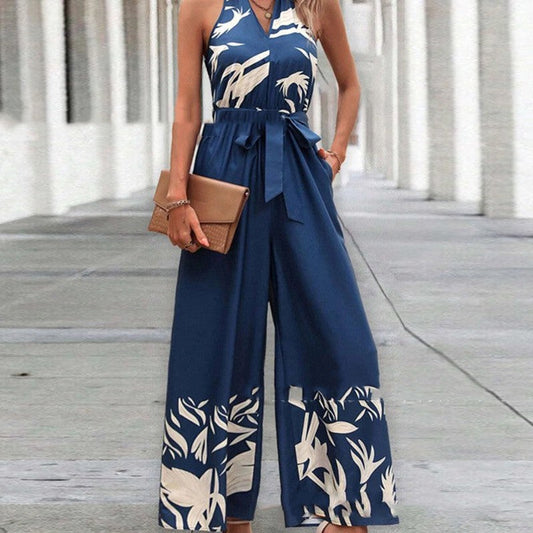 Forest Printing Belt Halter Backless Jumpsuit