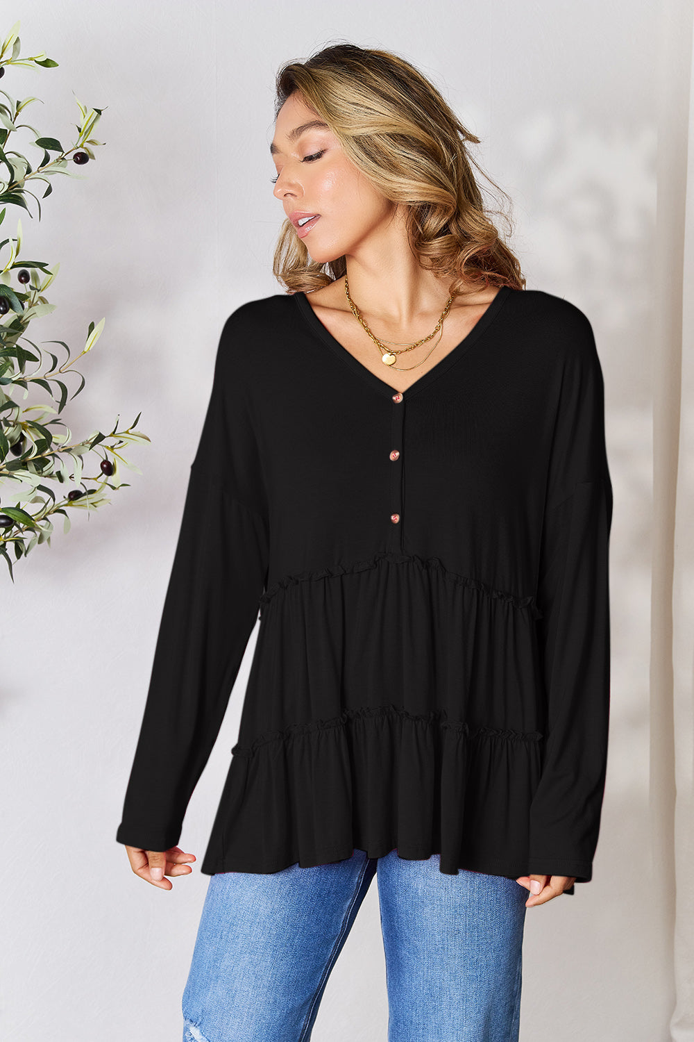 Comfy Ruffle Hem  Double Take Half Button Blouse & Long Sleeve