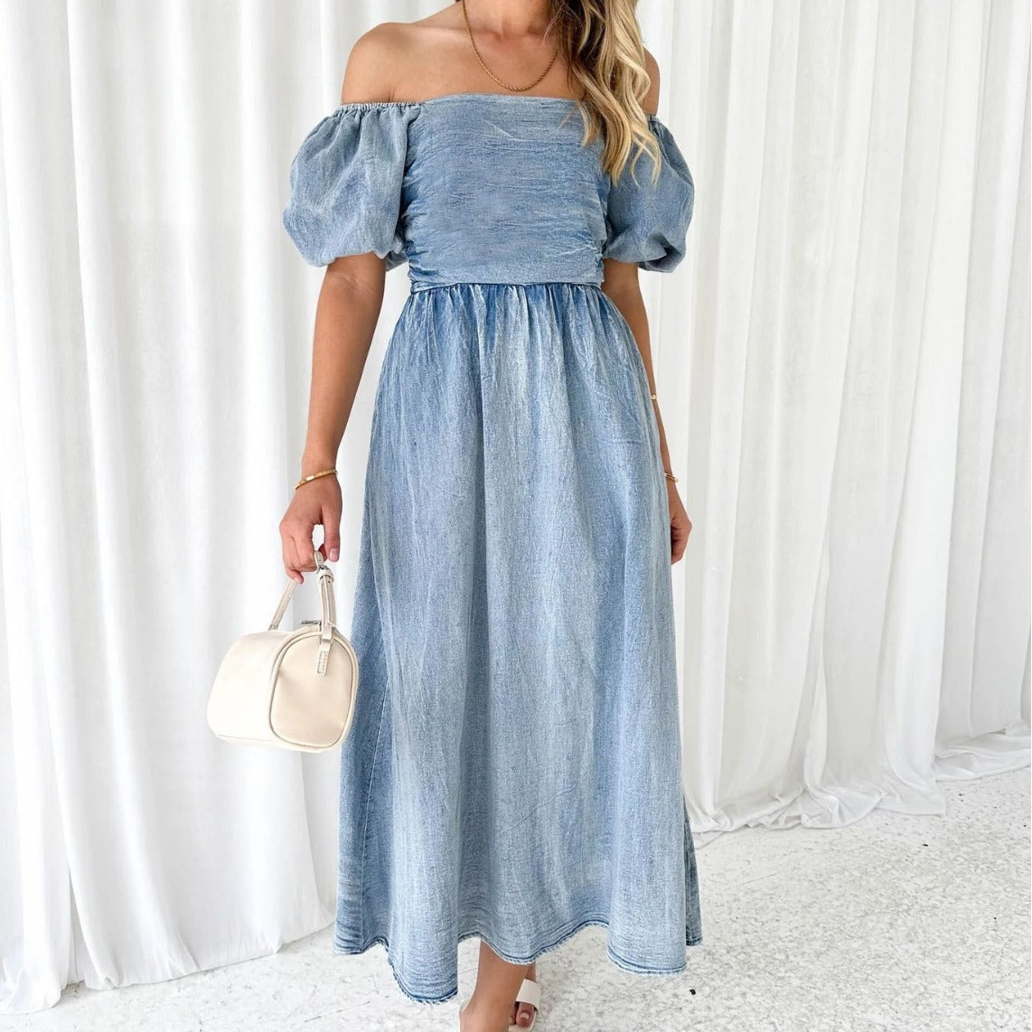 Denim Waist-tight Long Dress with Puff Sleeve