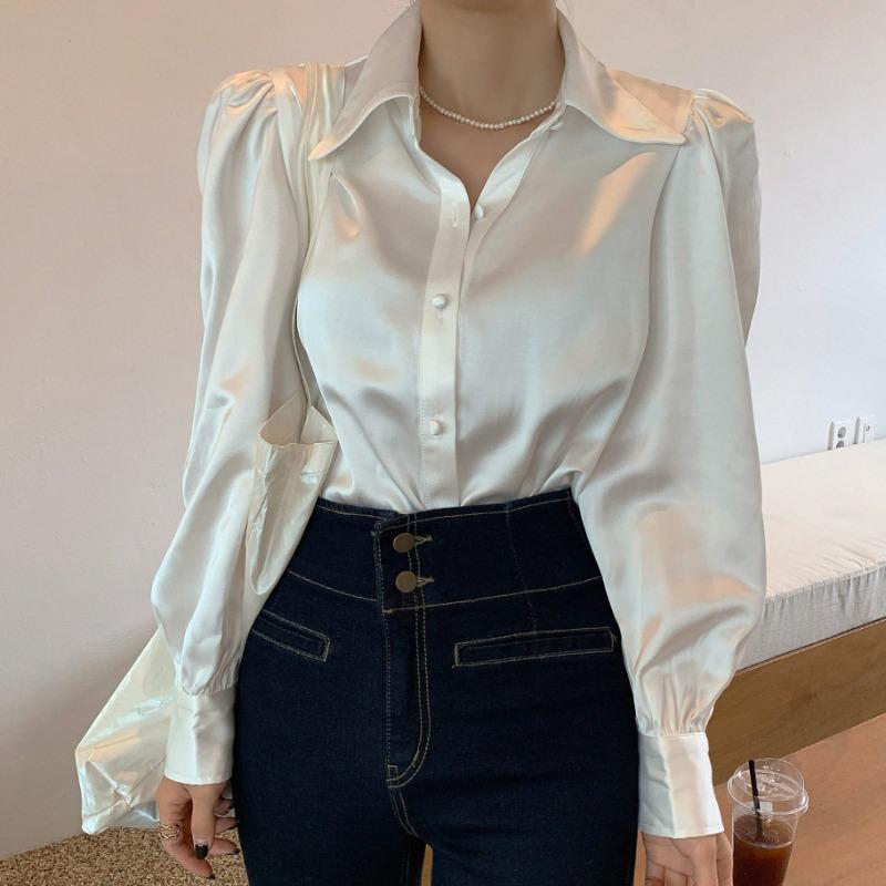Puff Sleeve Lapel Satin All-match Shirt