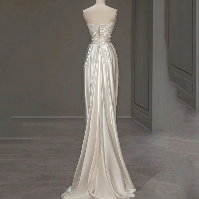 French Satin White  Bridal  Sleeveless  Wedding Dress