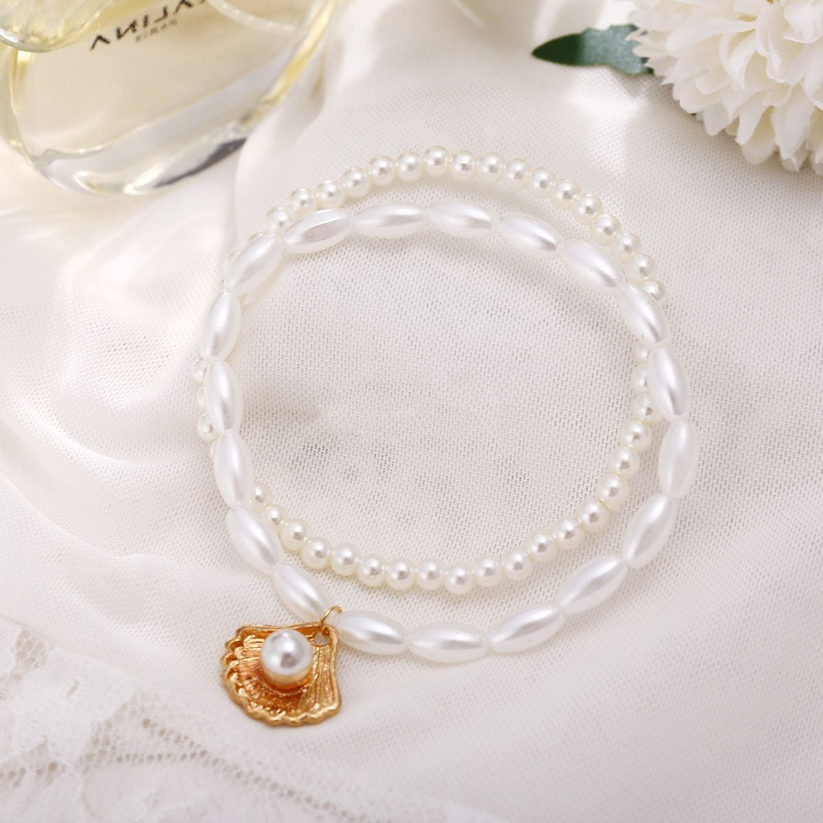 Freshwater Pearl Shell Layered Anklet Set - Includes Both.