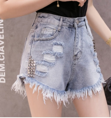 Beaded Booty High Waist Loose Denim Short
