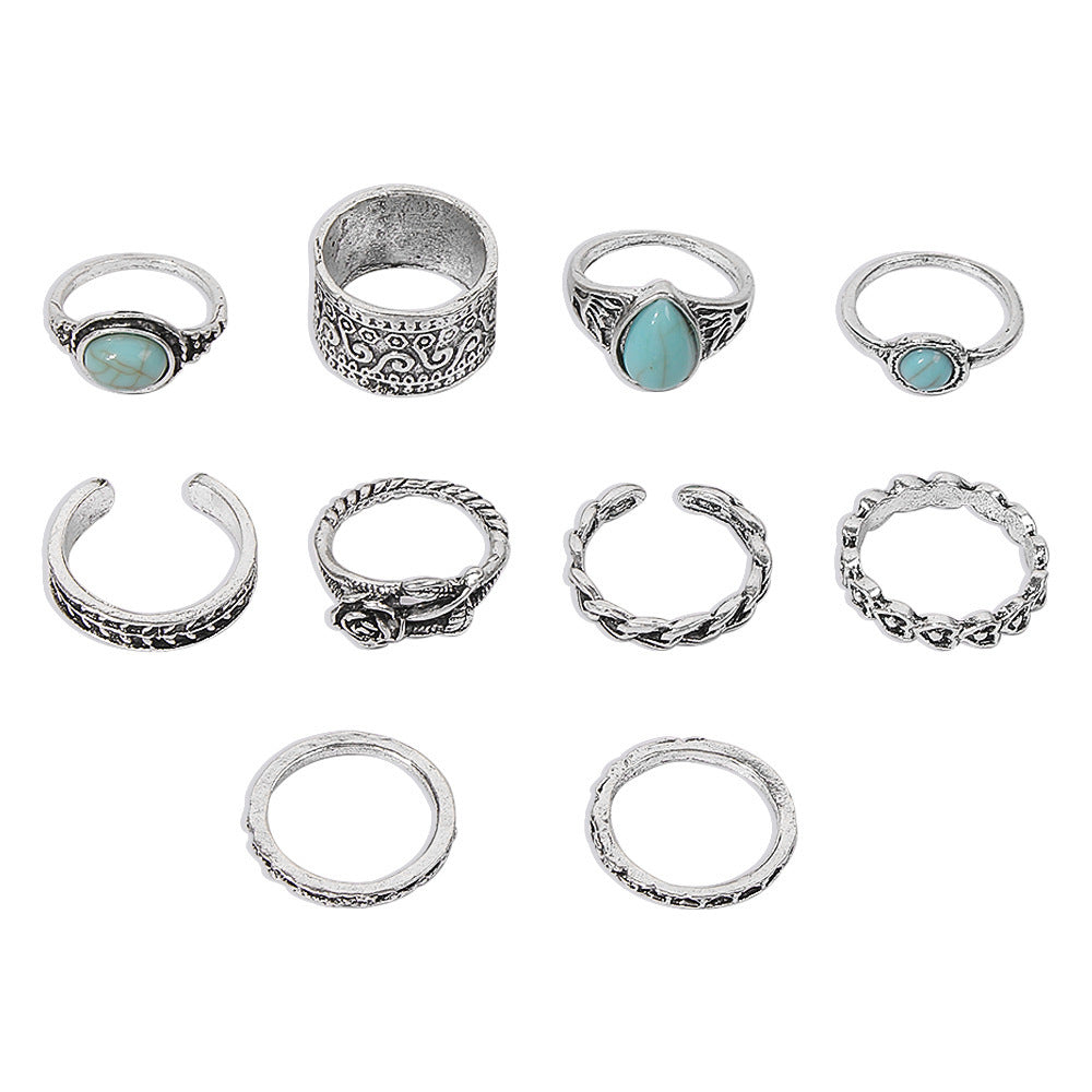 Boho Turquoise Joint Combination Rings - 10 Piece Set.