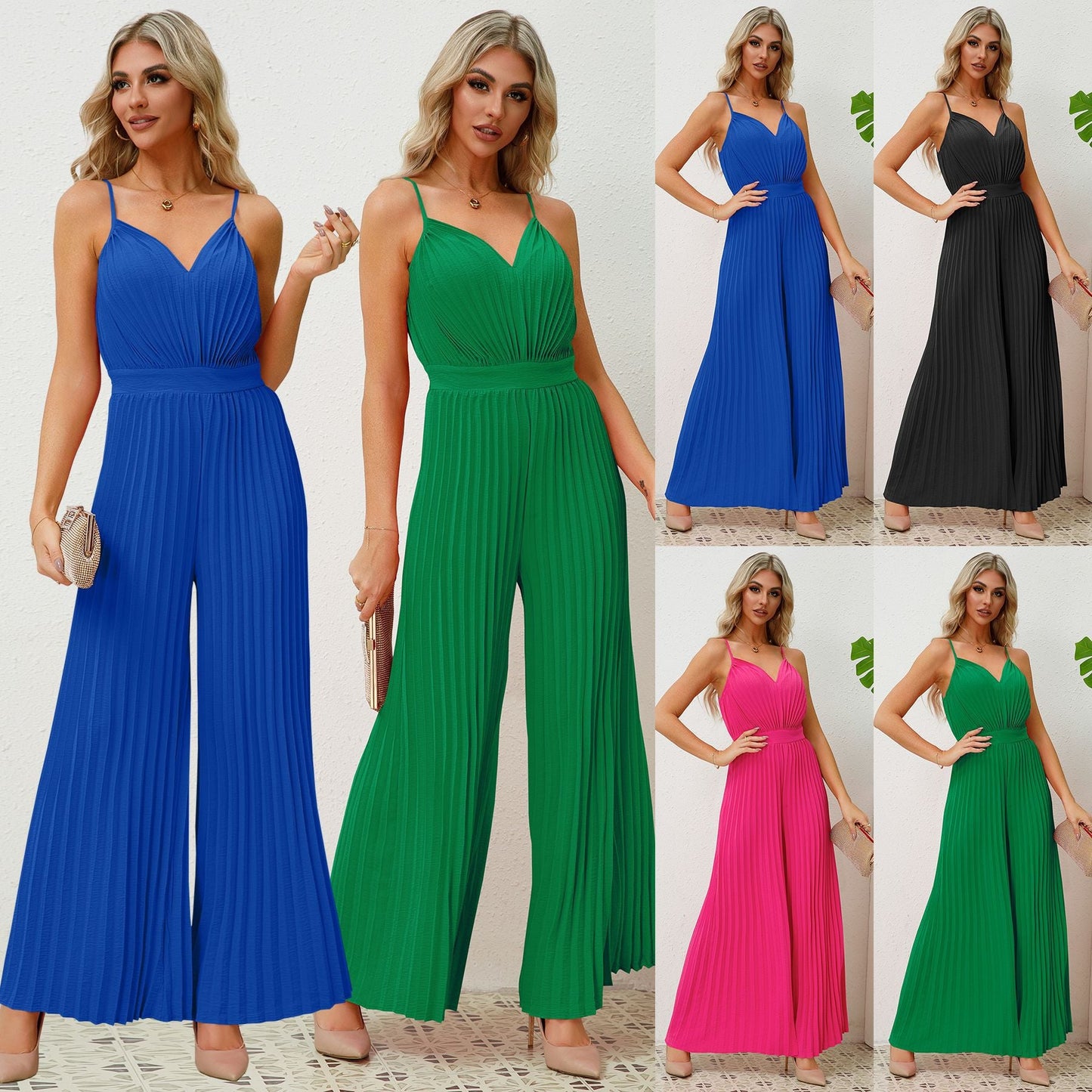 Pleated V-neck Suspender Loose Jumpsuit