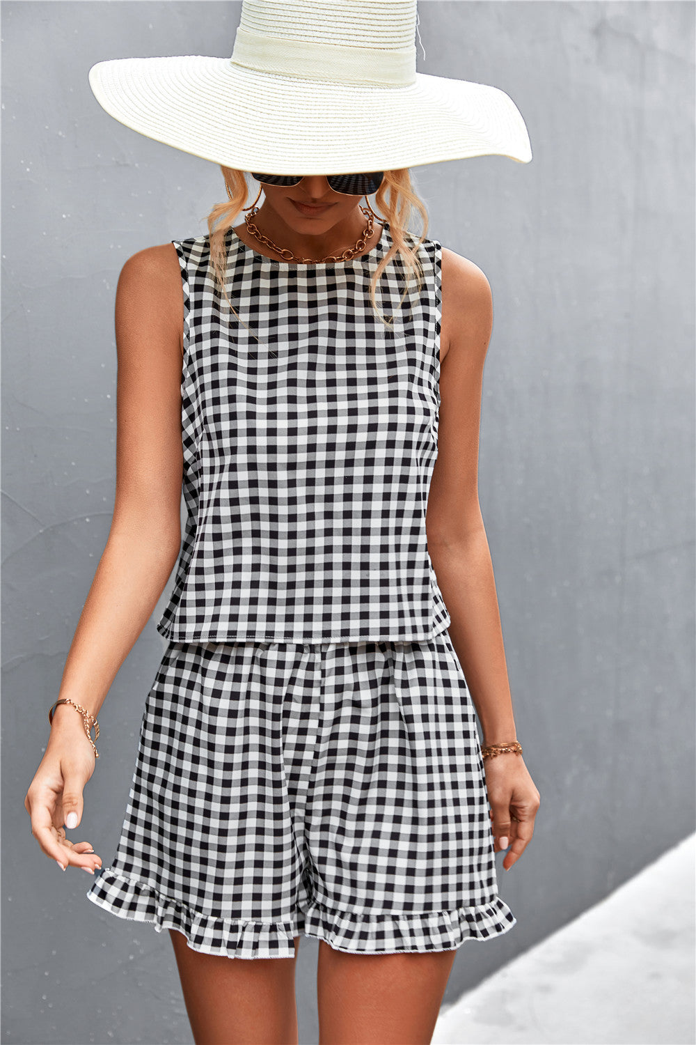 Ruffles Black White Plaid Casual Sleeveless Shorts Set