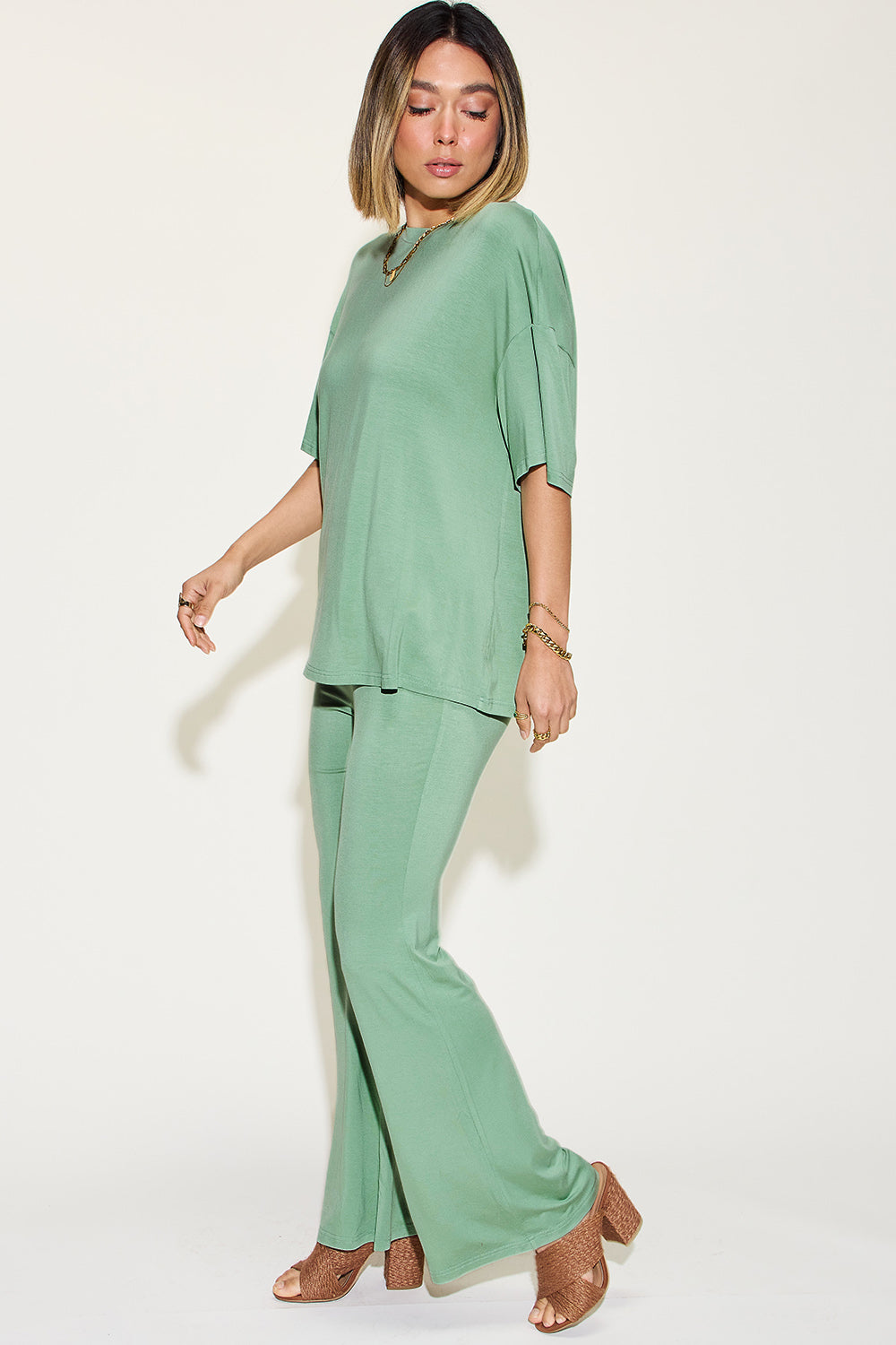 Bold Lady Drop Shoulder T-Shirt and Flare Pants Set