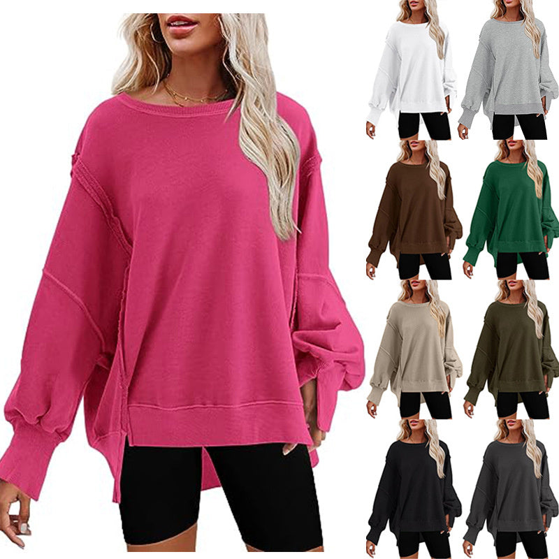 Sweatshirt Loose Round Neck Side Slit Long Sleeves Pullover Top