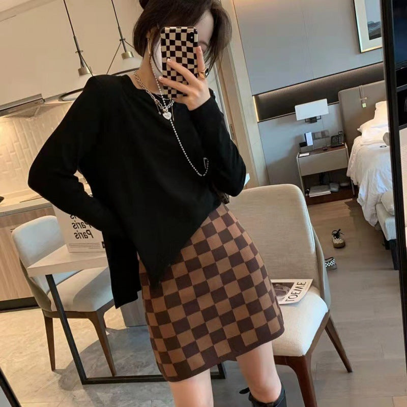 Checkerboard Knitted  High Waist  Skirt