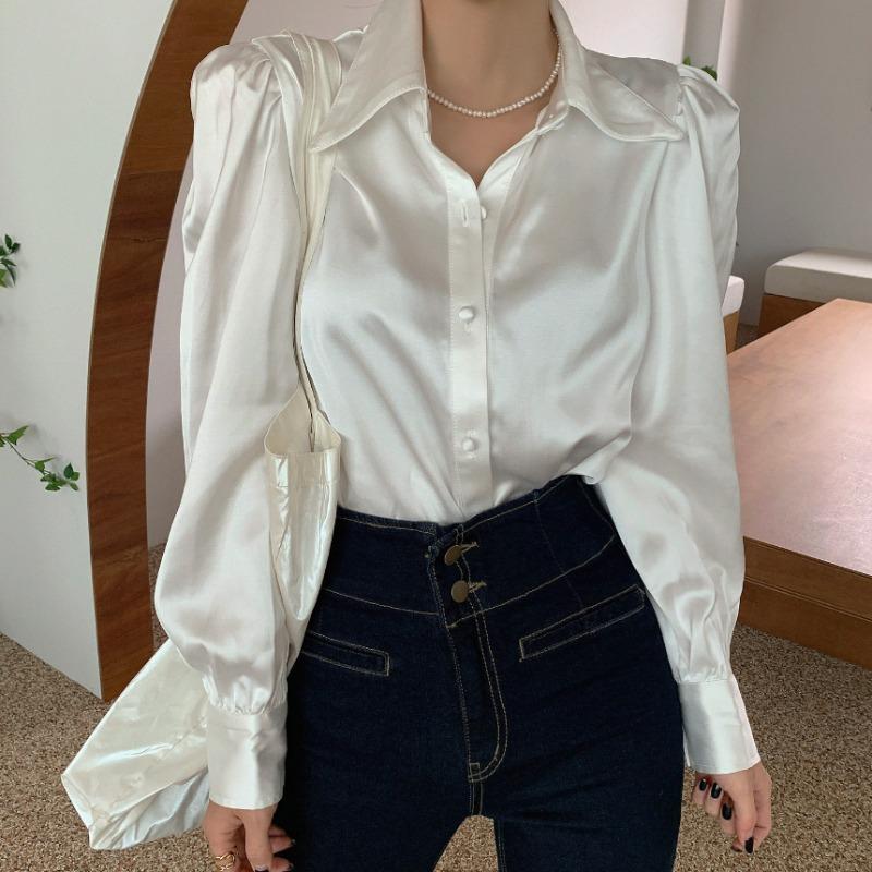 Puff Sleeve Lapel Satin All-match Shirt