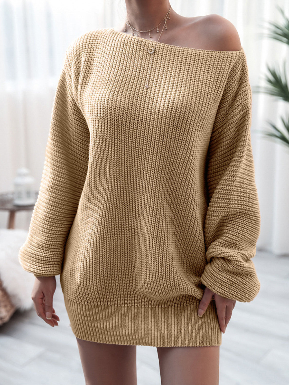 Stylish Rib-Knit Mini  Off Shoulder Sweater Dress