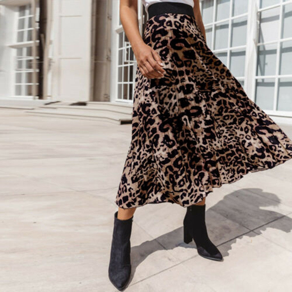 Wild Spirit Leopard Print High-Waist Pleated Midi Skirt