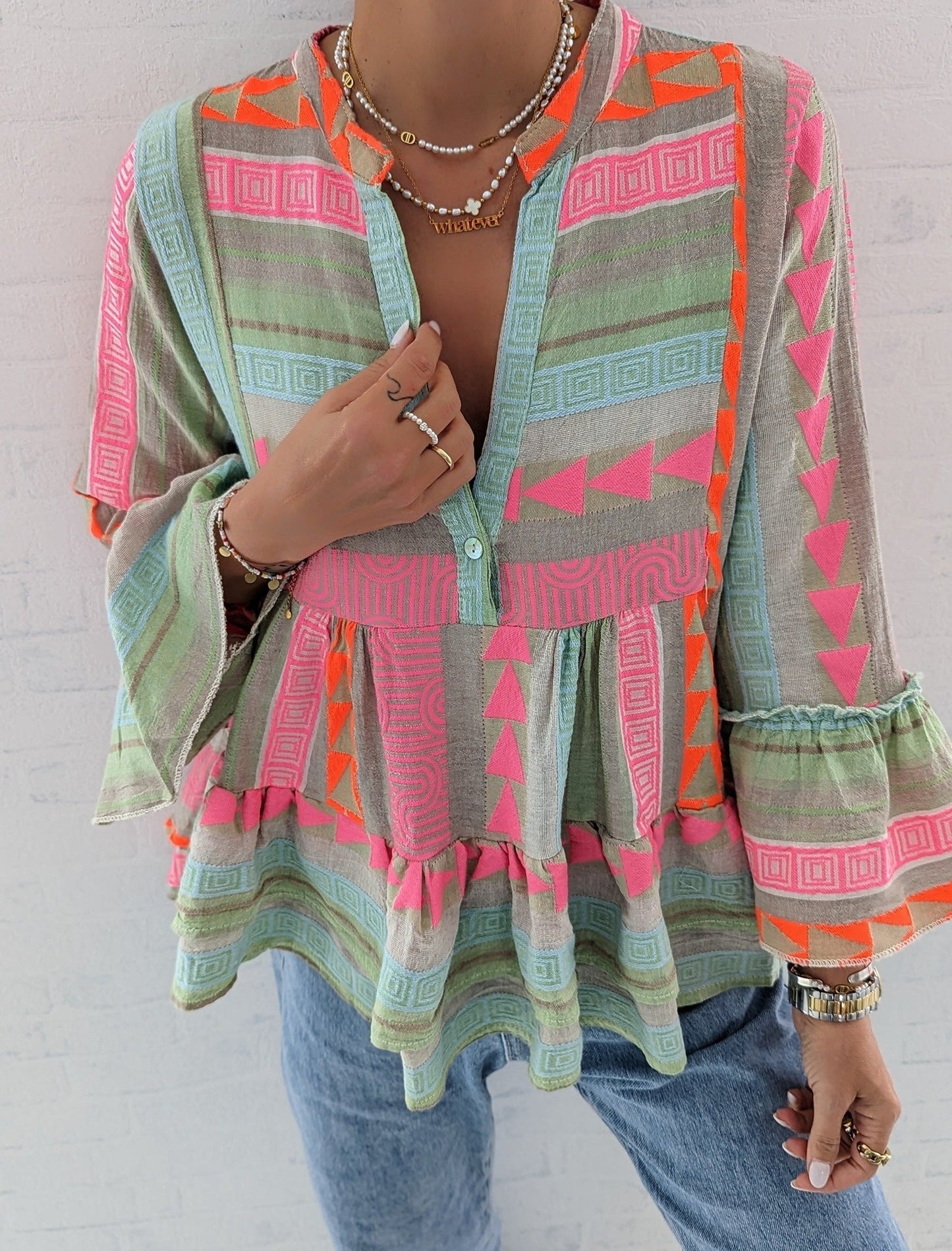 Linen Rose Green  Ruffle  V-Shaped Collar Shirt with Long  Sleeved