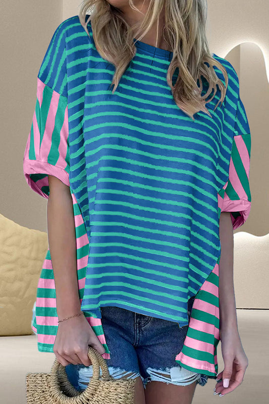 Cerulean Striped Round Neck Half Sleeve T-Shirt Top