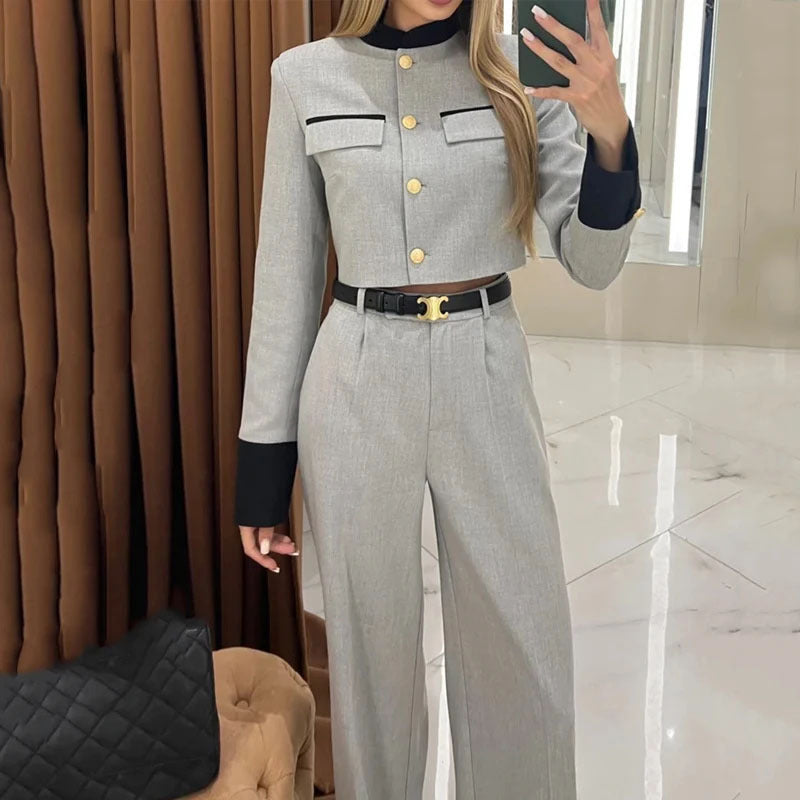 Bold Gray Buttoned Top Wide-leg Pants  2 Piece Set