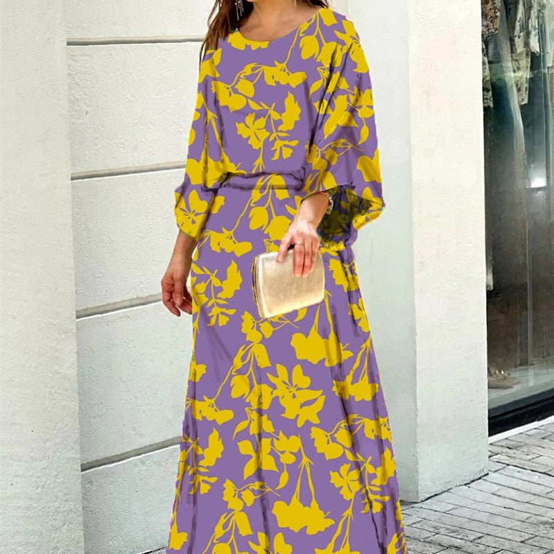 Fashion Loose Printed 2-Pcs  Set with Long Sleeve Top & High Waist Long Skirt