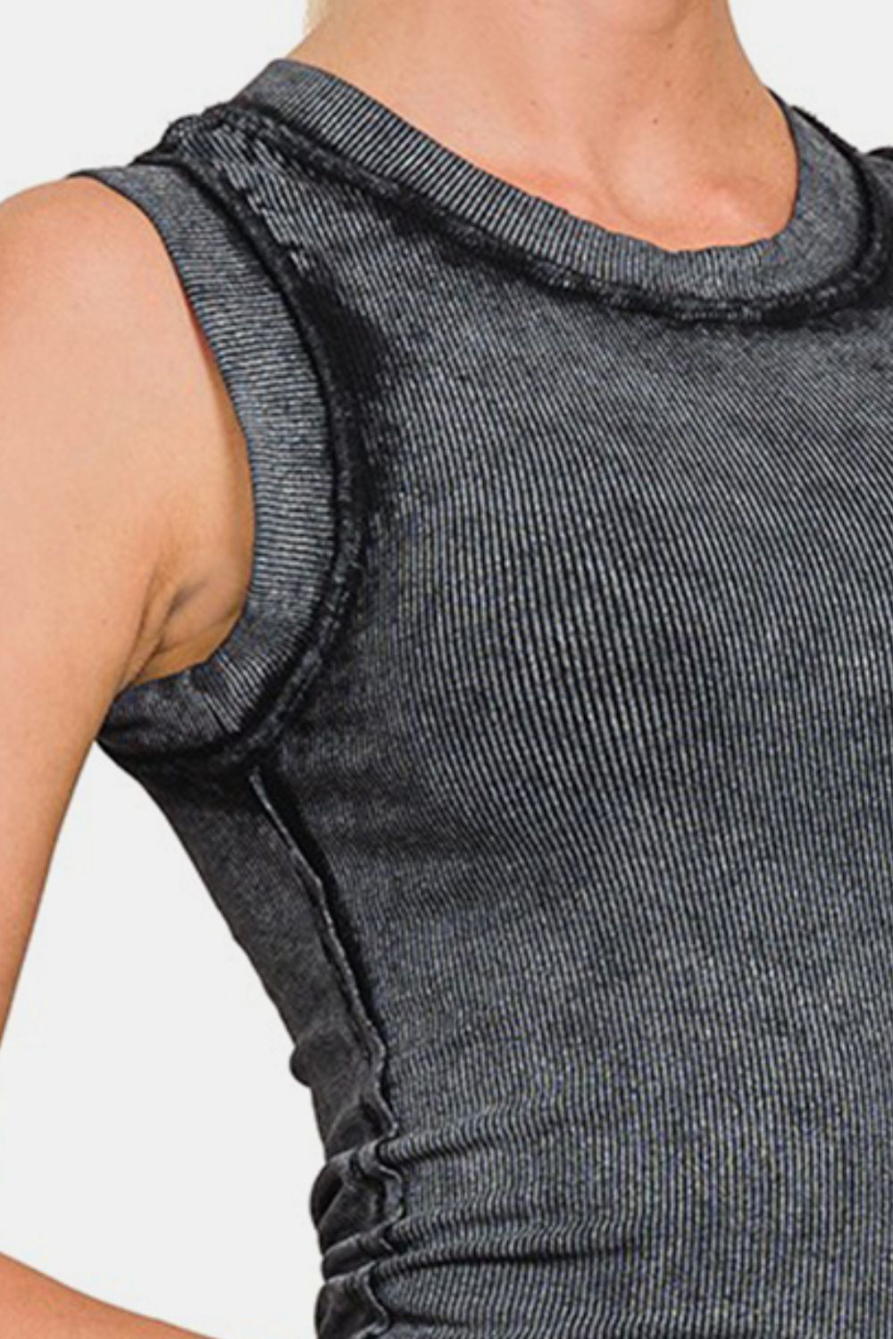 Charcoal Washed Ribbed Slim Tank with Round Neck