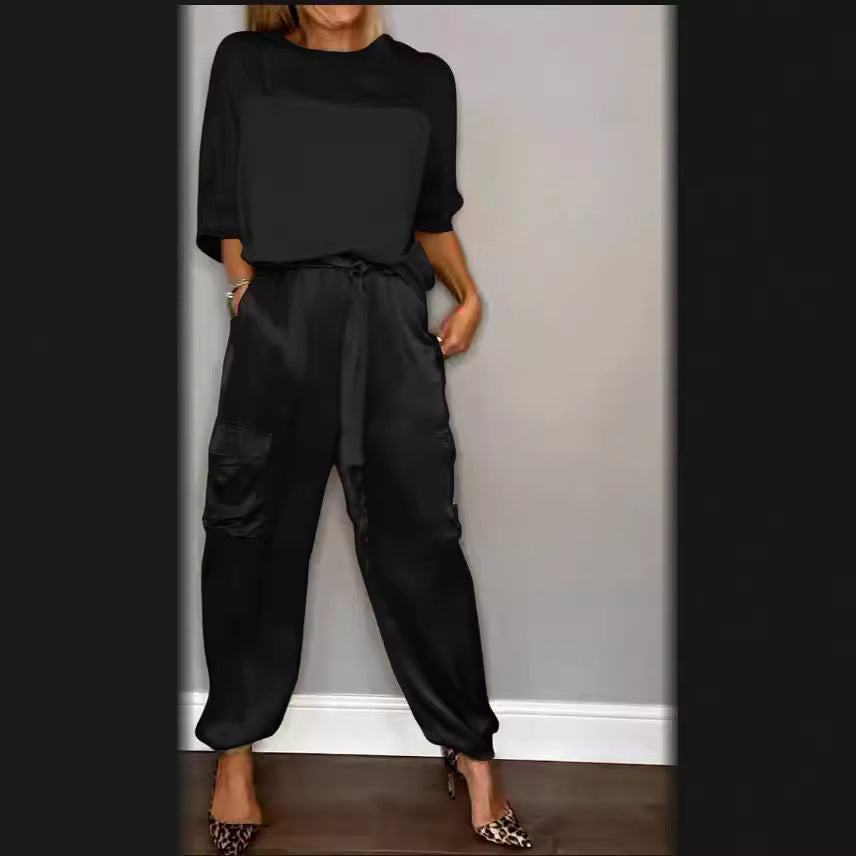 Soft Satin Short-Sleeved Top Casual Pants Two-Piece Set
