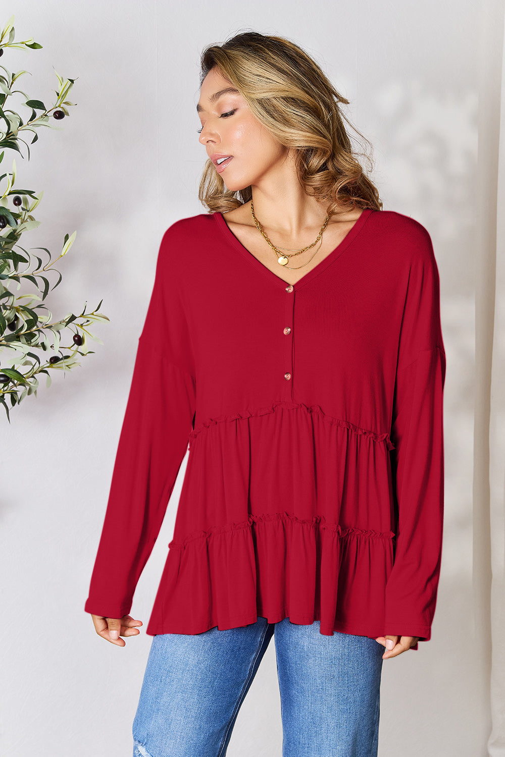 Comfy Ruffle Hem  Double Take Half Button Blouse & Long Sleeve