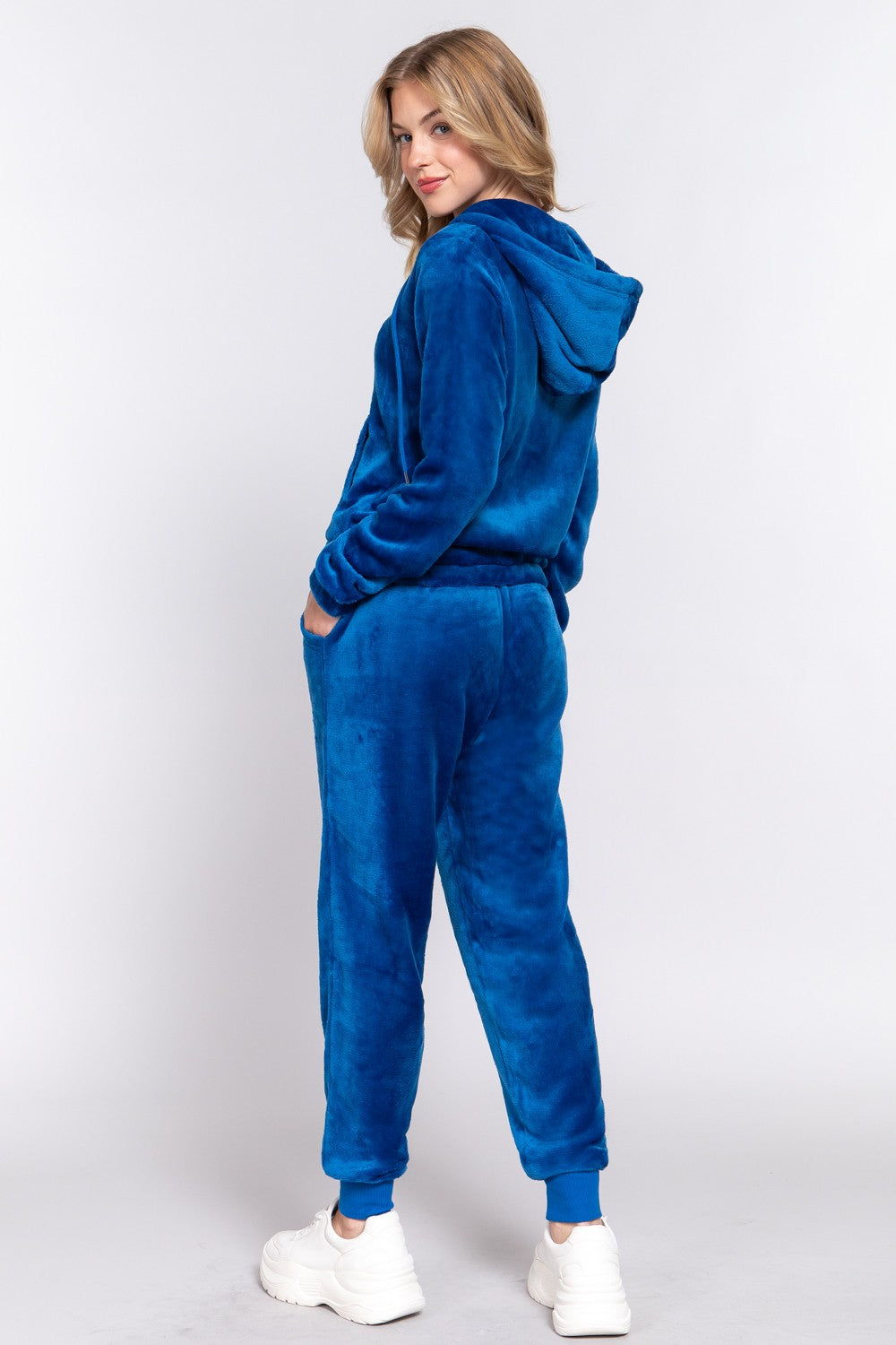 Blue Faux Fur Zip Up Long Sleeve Hoodie and Joggers Set