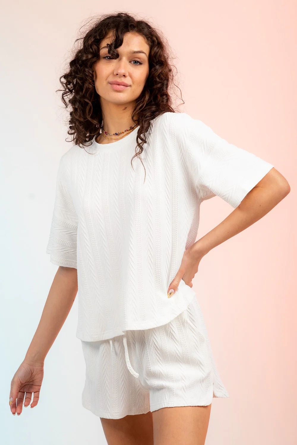 Buttoned Textured Round Neck Top and Shorts Set