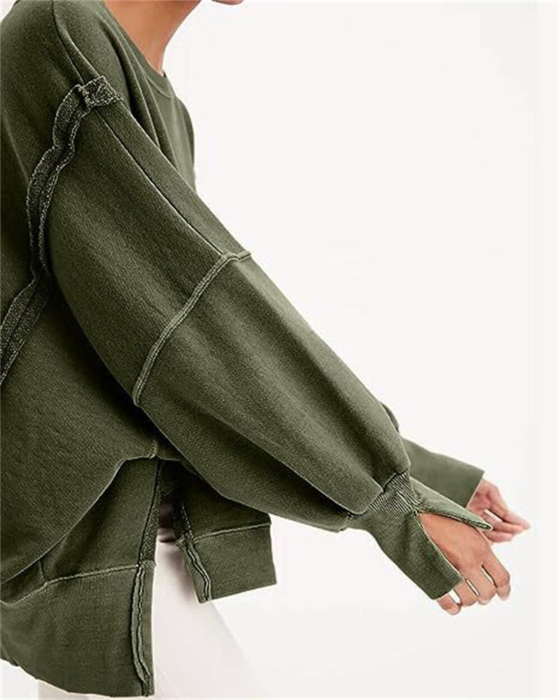 Sweatshirt Loose Round Neck Side Slit Long Sleeves Pullover Top