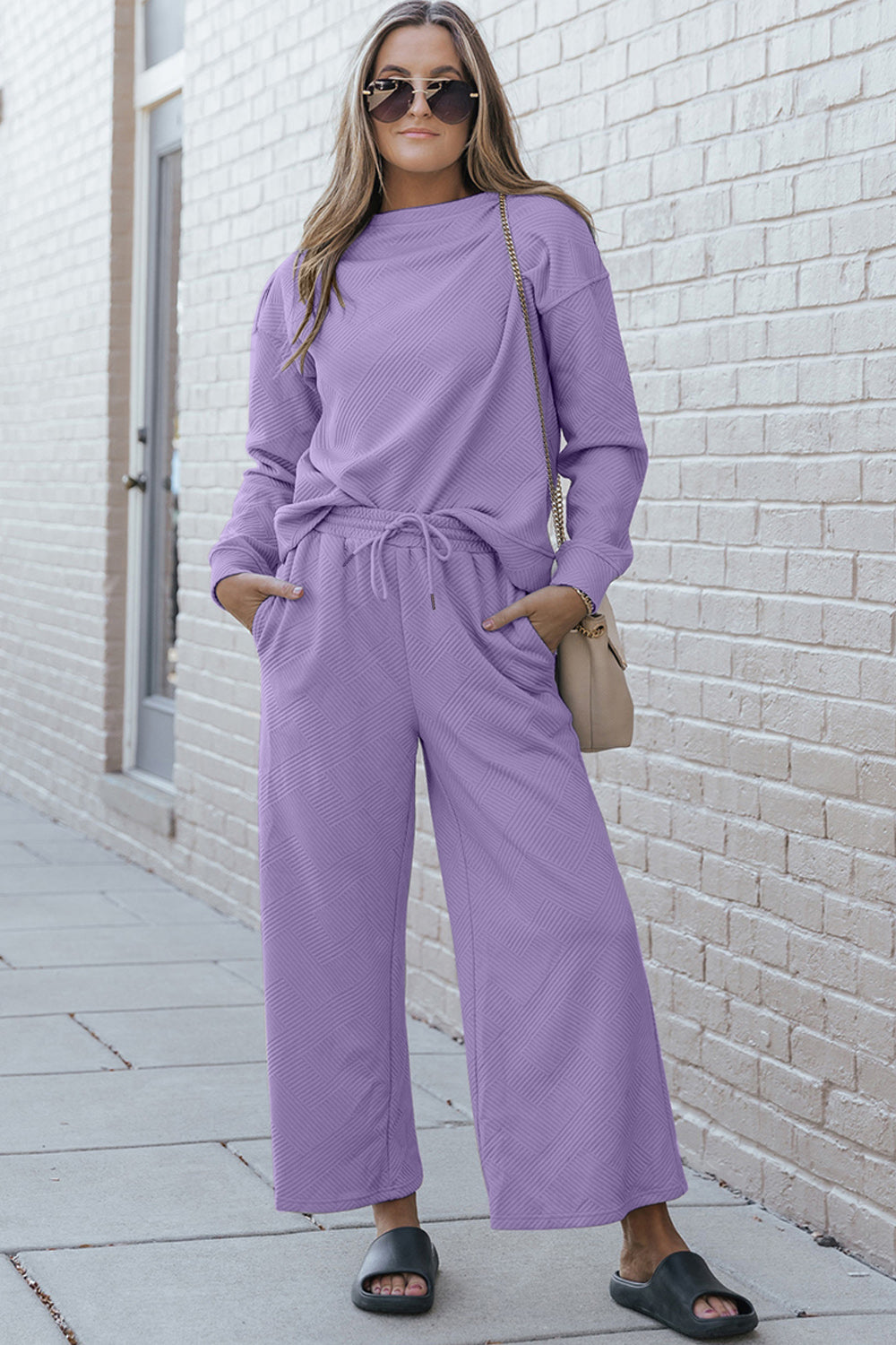 Luxe Loungewear Textured Long Sleeve Top and Drawstring Pants Set