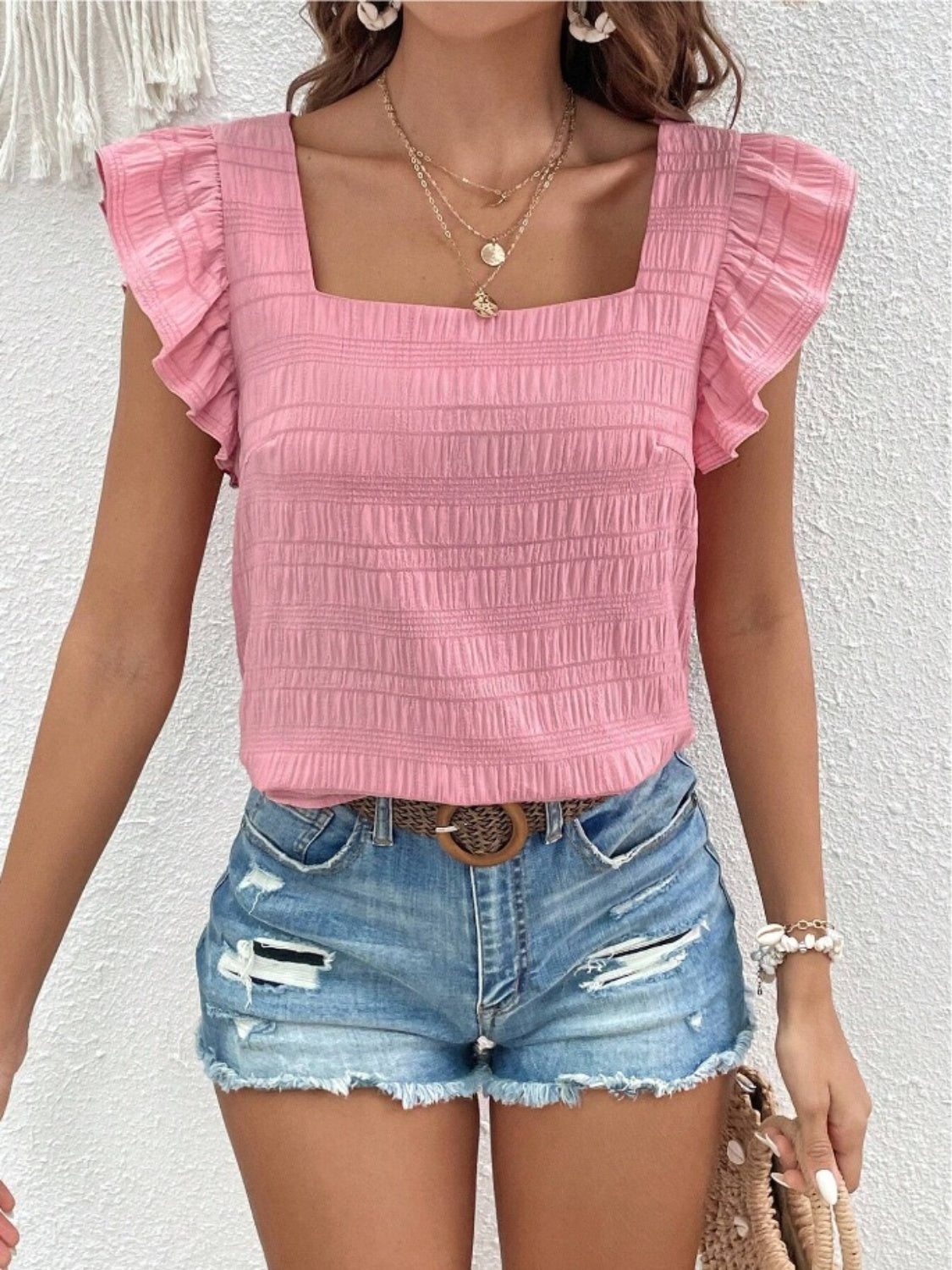 Ruffled Blouse with Square Neck & Cap Sleeve