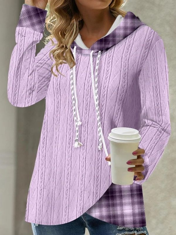 Knitted Stitching  Contrast Color Jacquard Hoodie Top with  Long Sleeve