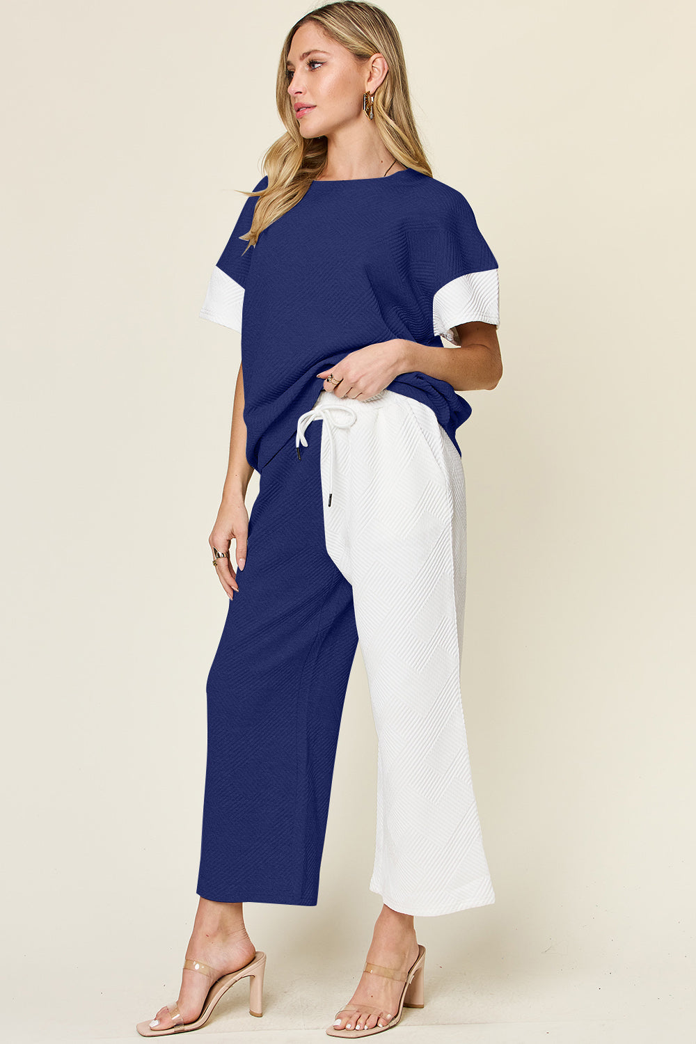 Trendy Texture Contrast T-Shirt and Wide Leg Pants Set