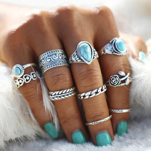 Boho Turquoise Joint Combination Rings - 10 Piece Set.