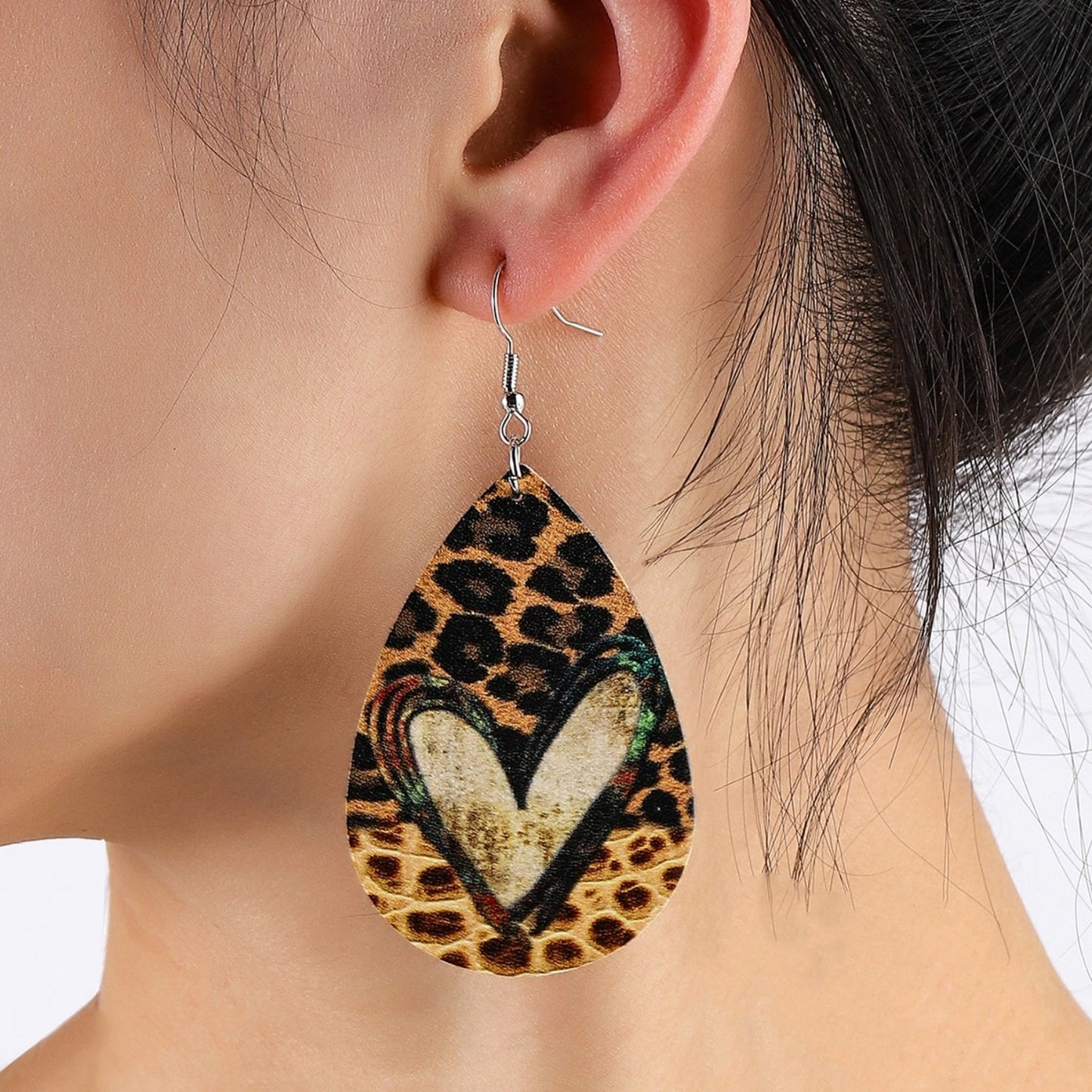 Faux Leather Boho Leopard Print & Heart Teardrop Hook Earrings.