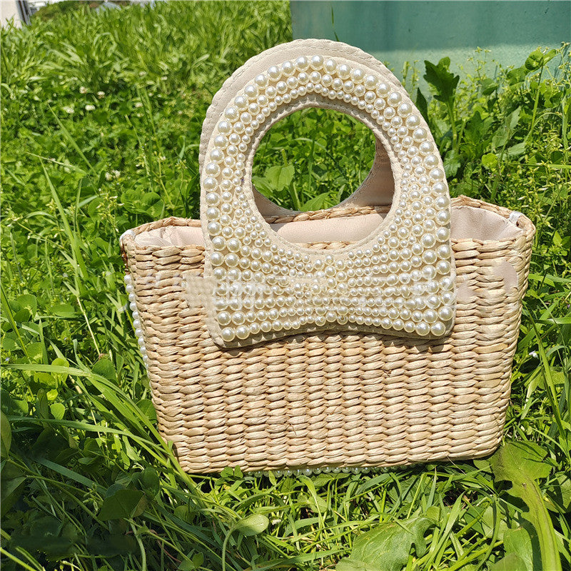 Handmade Summer Beach Braided Bow Pearl Straw Bag