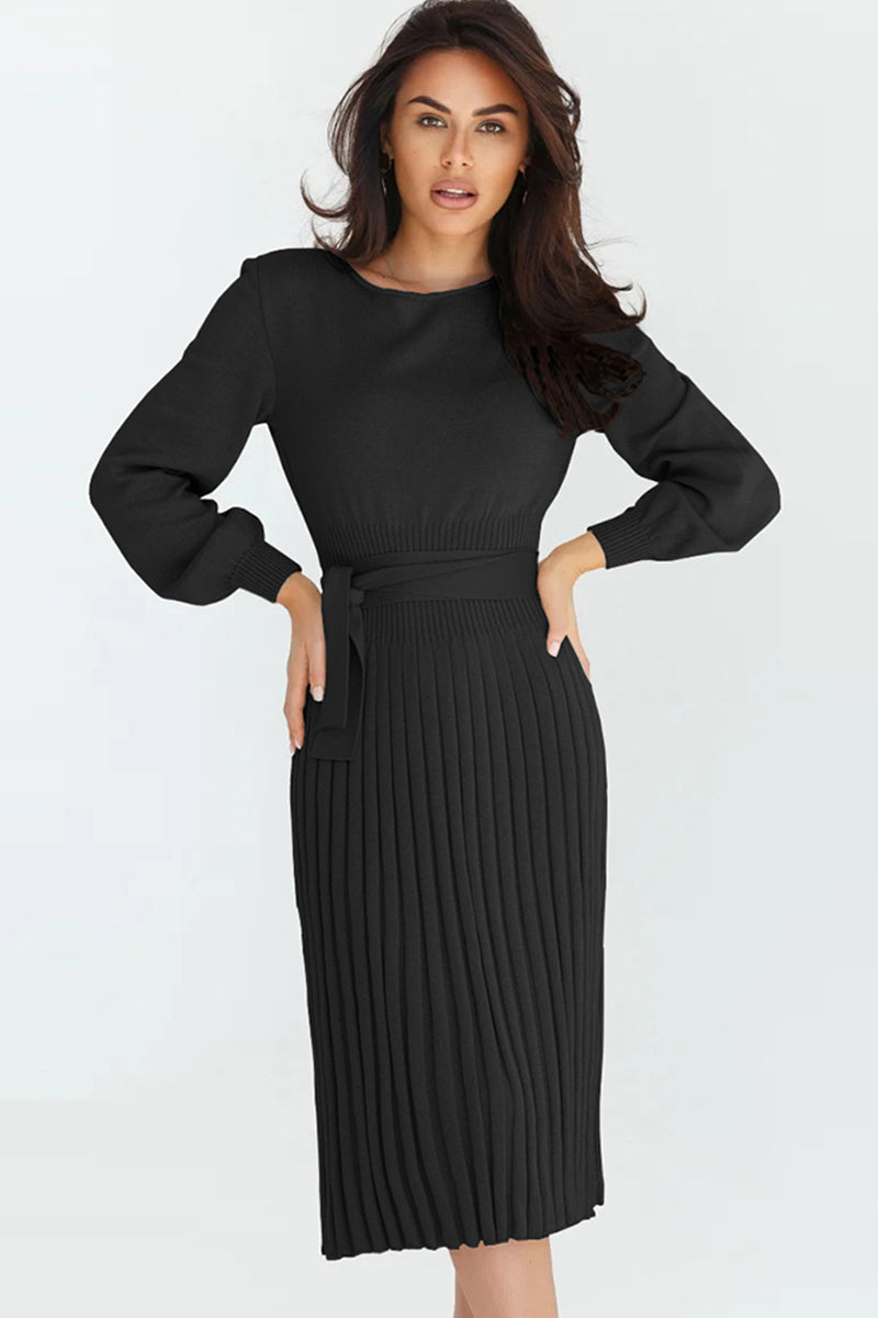 Round Neck Long Sleeve Pleated Midi Sweater Dress