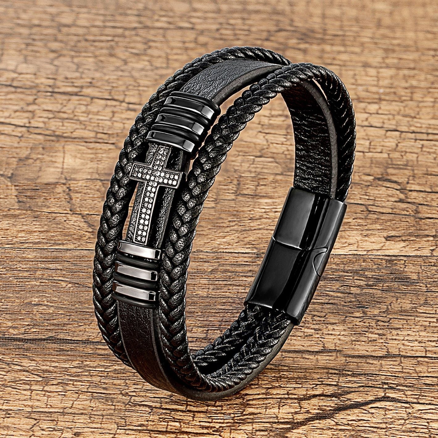 Metal Cross Multi-layer Braided Leather Bracelet with Secure Metal Clasp.