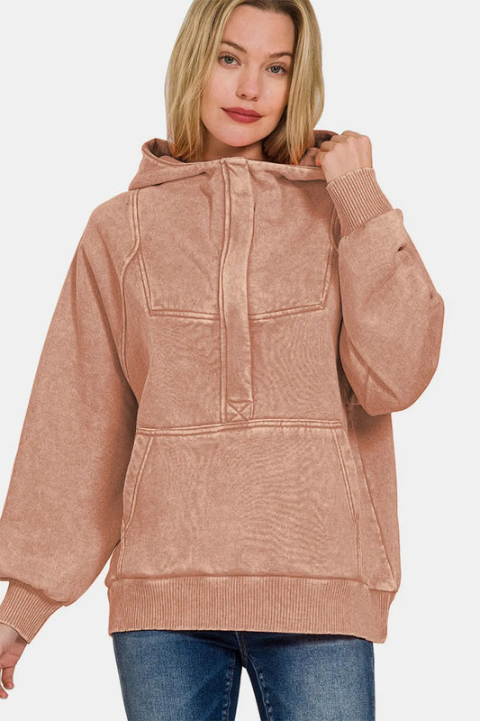 Mocha Carmel Acid Wash Fleece Kangaroo Hoodie