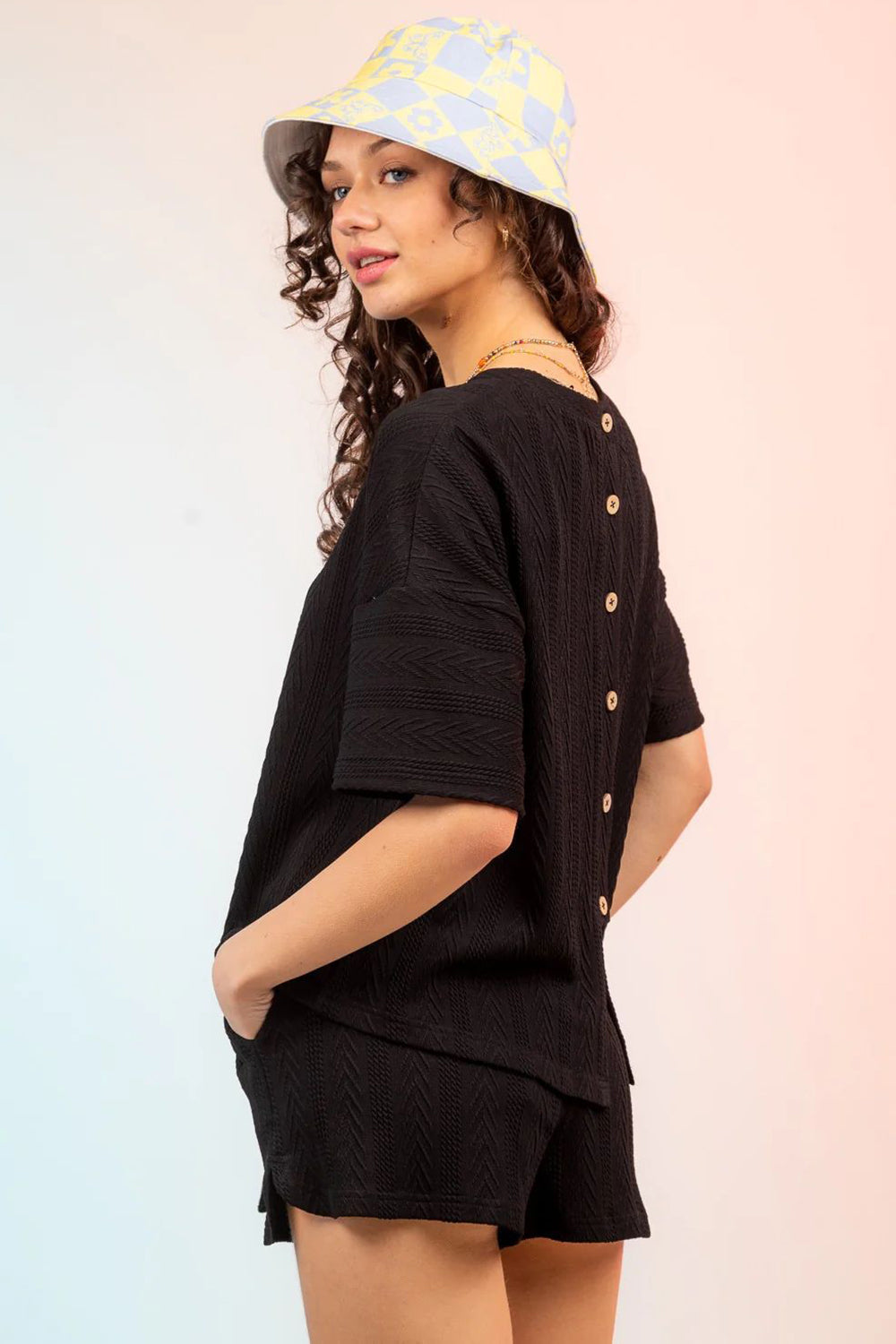Buttoned Textured Round Neck Top and Shorts Set
