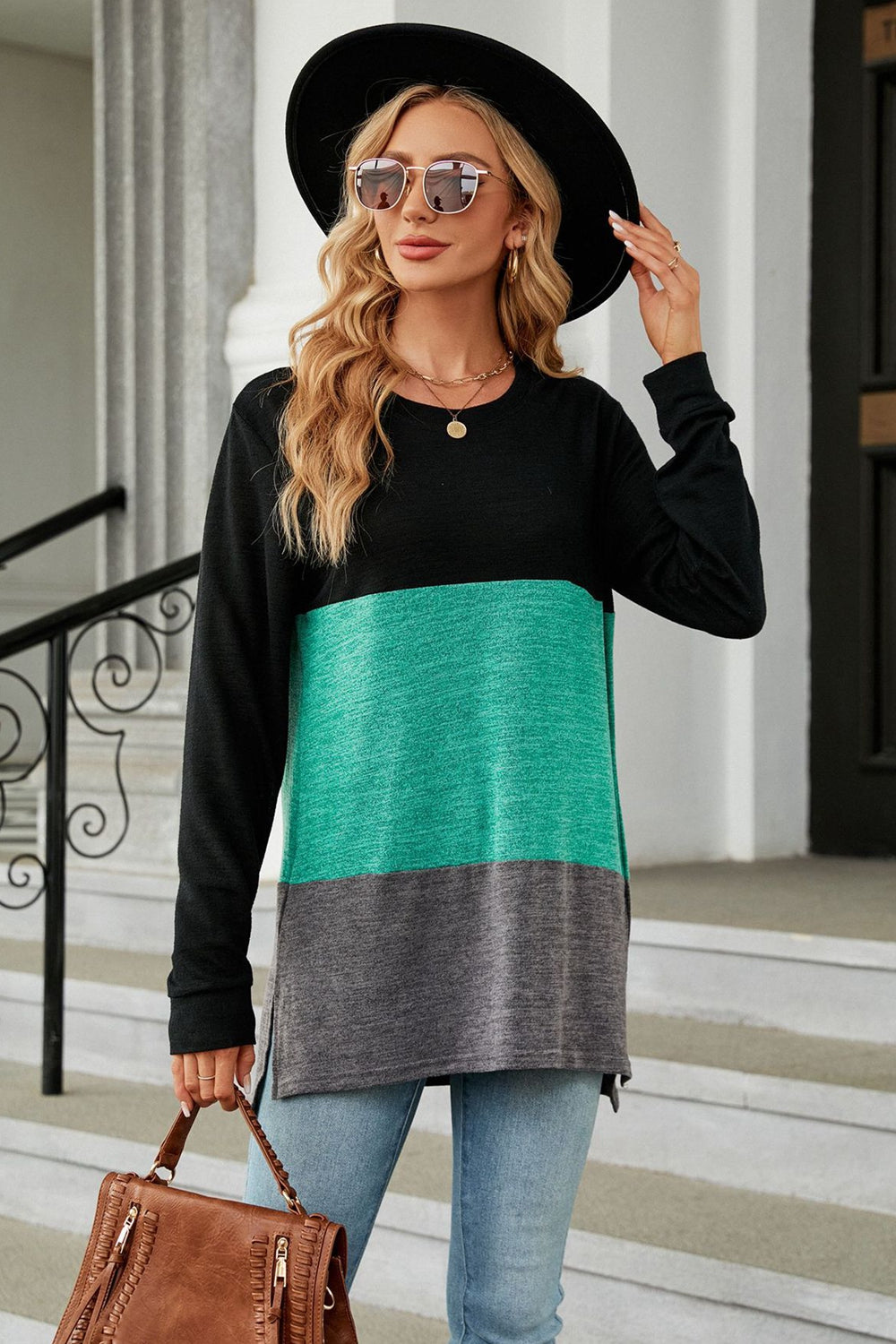 Vibrant Urban  Color Block Round Neck Long Sleeve Top
