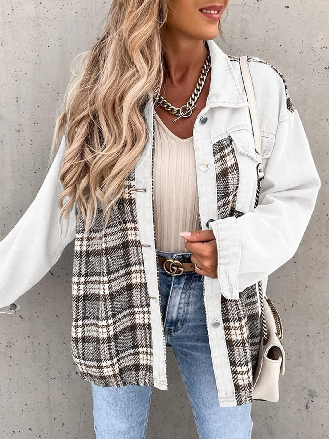 Black White Plaid Button Up Dropped Shoulder Denim Jacket