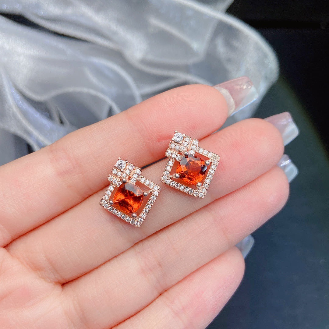 Shimmering Square Cut Garnet 925 Sterling Silver Stud Earrings Gold Surrounded by Gleaming Gems.