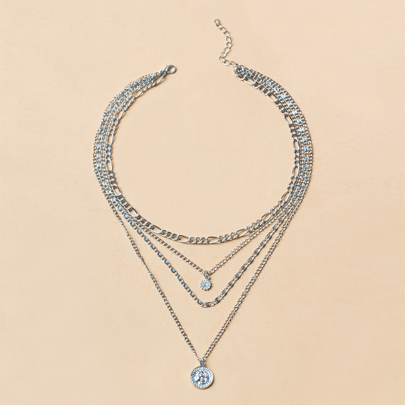 Chunky Layered  Coin Charm Necklace Layered Gold & Silver