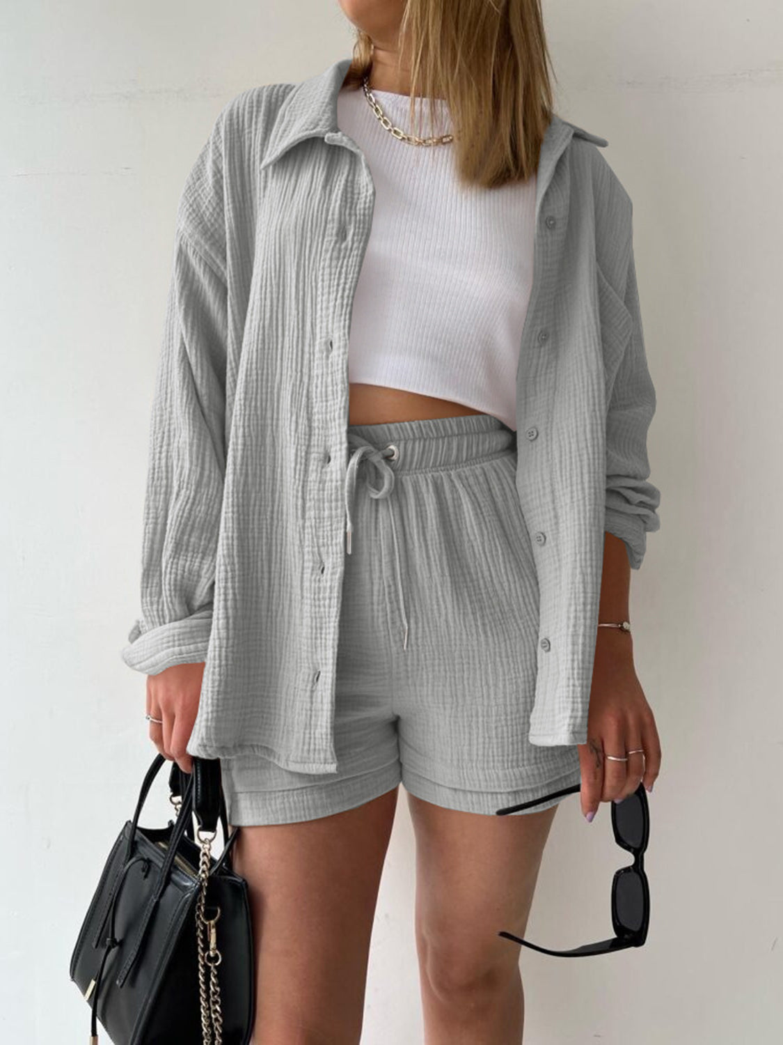 Casual Texture Button-Up Shirt and Drawstring Shorts Set