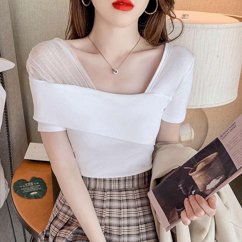 Summer Slim Diagonal Collar Top with Short Sleeve