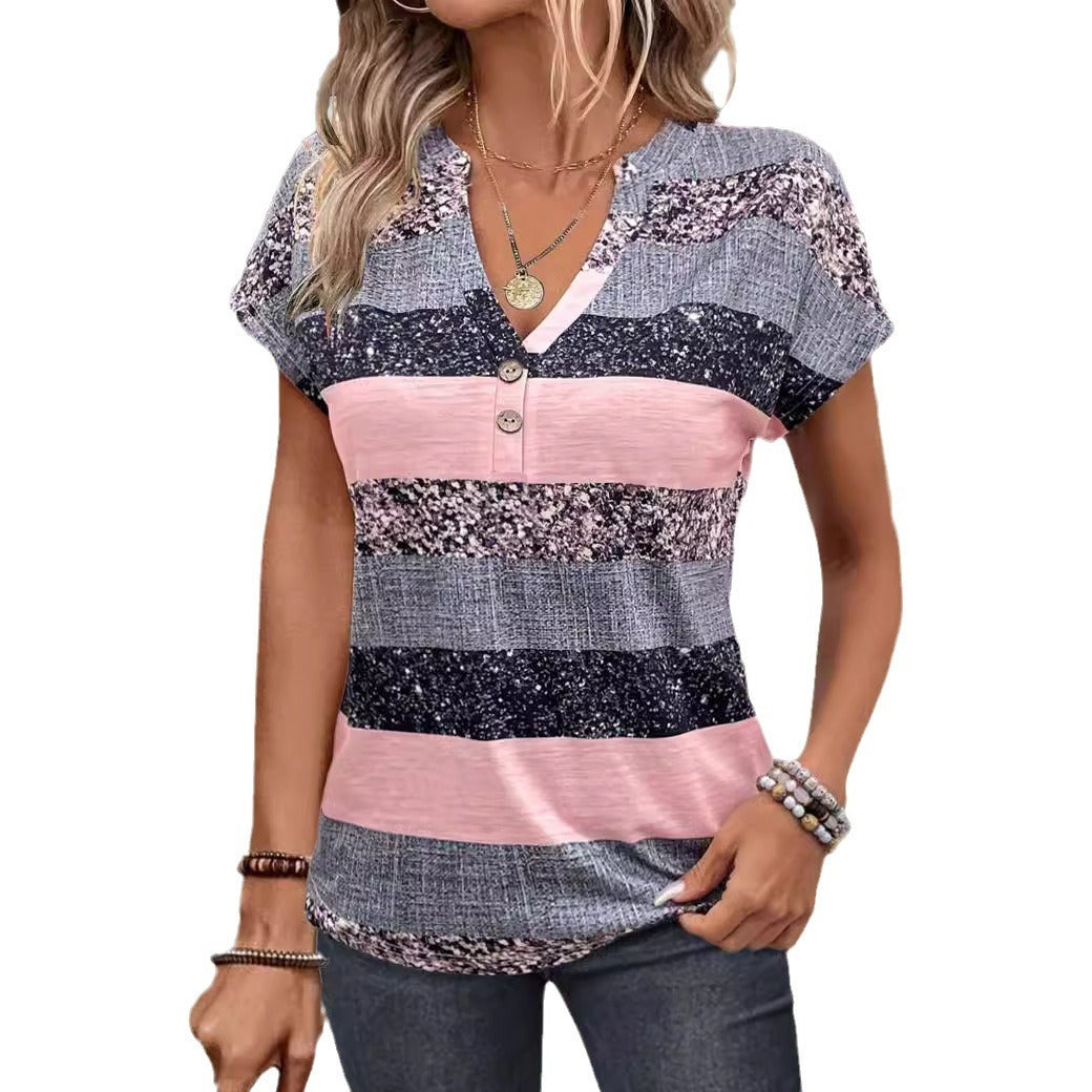 British Style   Striped V-neck Summer Casual T-shirt w/ Short Sleeve