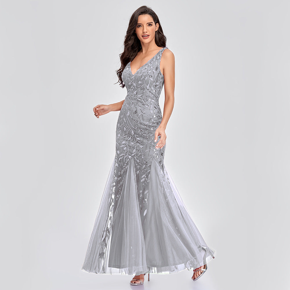 Royal Style Embroidered  Sequin  V-neck Maxi Swing Sleeveless Mermaid   Dress