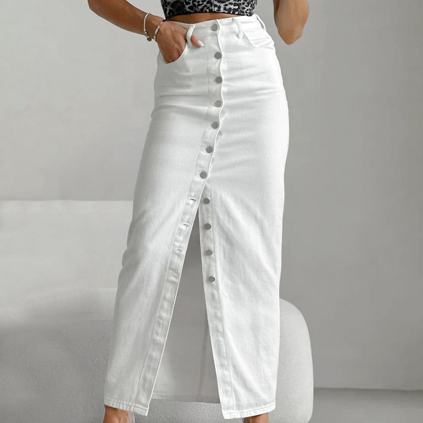 White Denim  High Waist Slim Fit Buttoned Half-Length Casual Skirt