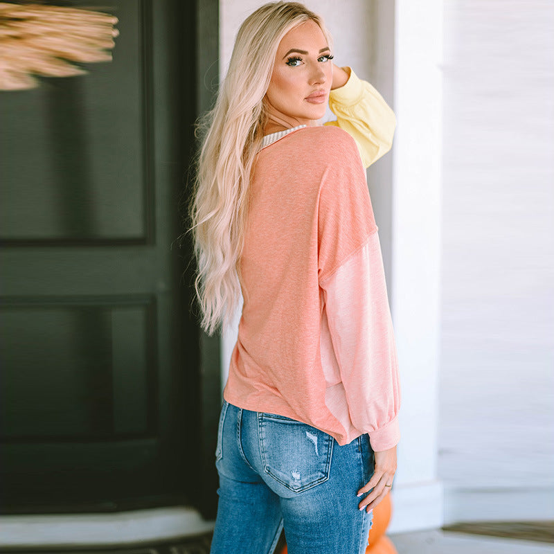 Rose Coral  Multicolor Stripes  V-neck Long Sleeve Top with Pocket
