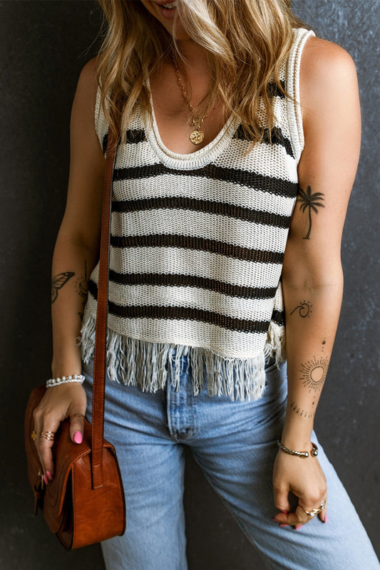 Groovy Striped Fringe Scoop Neck Tank Top